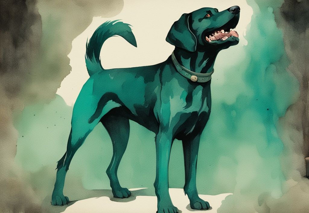 Vintage watercolor illustration of a menacing large breed dog with glowing eyes and bared teeth against a dark teal background.