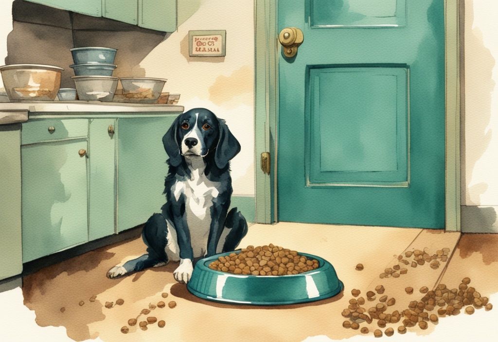 Vintage watercolor illustration of a confused dog ignoring a full dish of food, reaching for a treat, highlighting the question: why is my dog not eating his food but will eat treats.