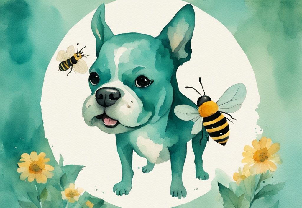 Vintage watercolor illustration of a teal-themed playful dog with swollen cheeks and a surprised expression after a dog ate a bee, with a harmless bee floating away.