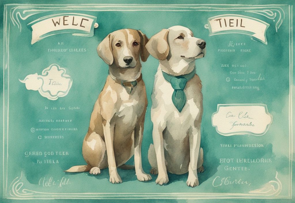 Vintage watercolor illustration of a teal-themed male and female dog, labeled with gender and names in stylish font.