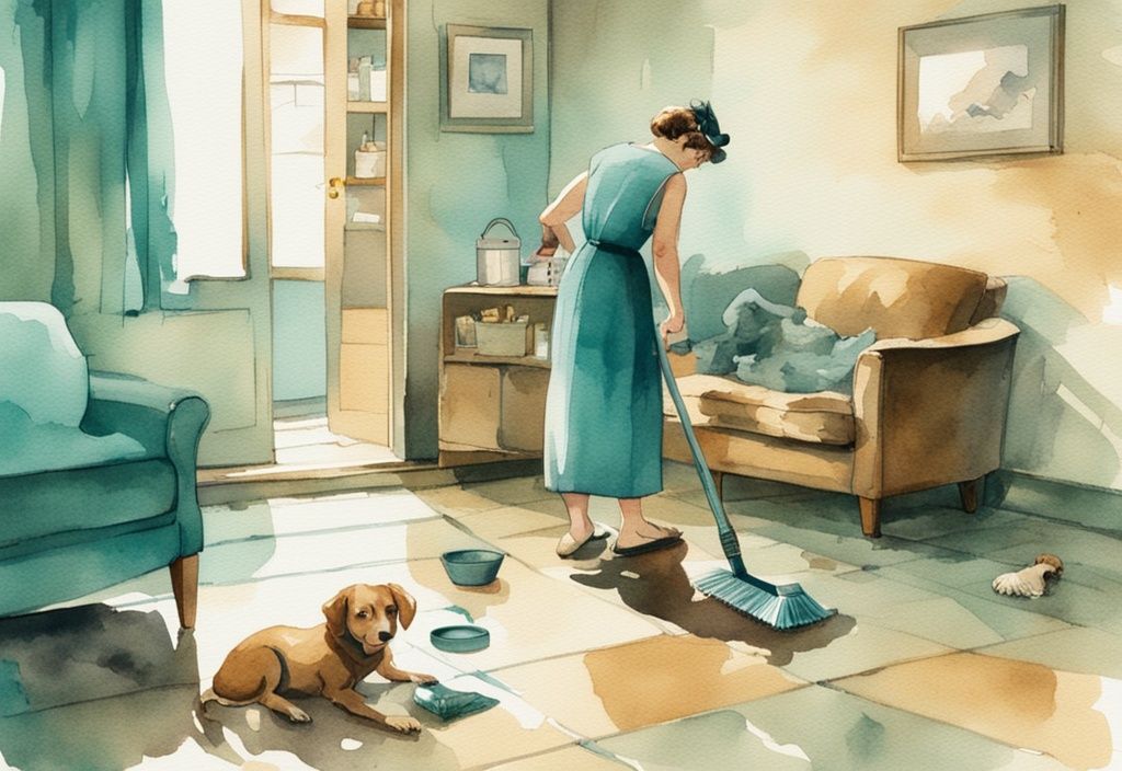 Vintage watercolor illustration of a person cleaning a mess with a guilty-looking pet dog nearby, featuring a teal color theme.