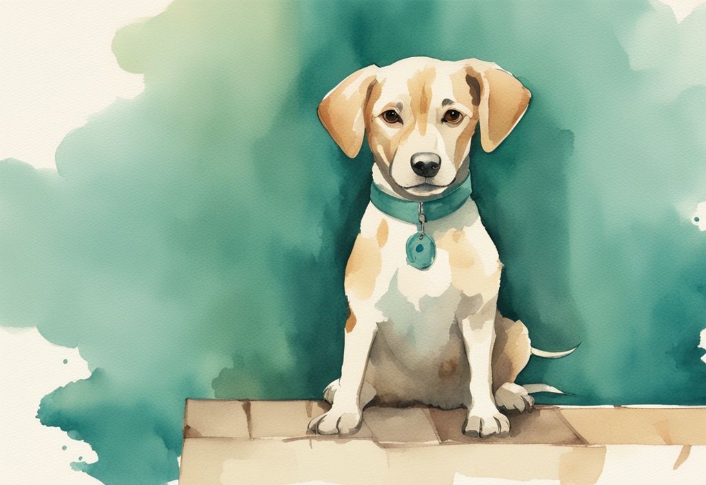 Vintage watercolor illustration of a happy dog with short spine syndrome in teal tones, looking at the camera.