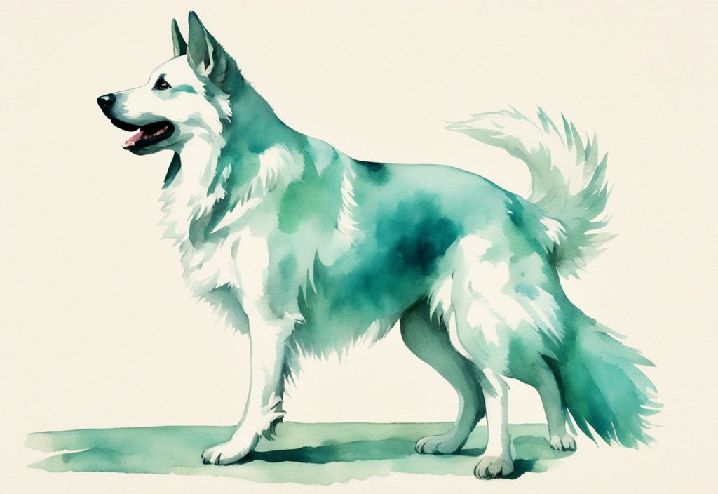 Vintage watercolor illustration of a playful white American Shepherd resembling Bolt, with a teal color theme.