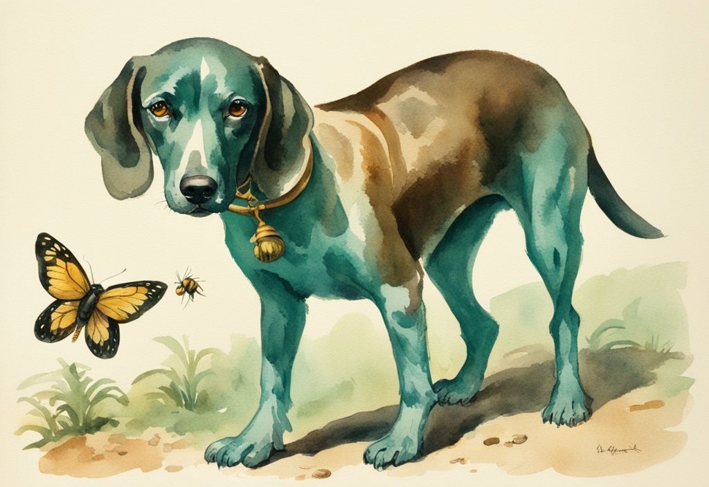 Vintage watercolor illustration of a teal-themed curious dog with a surprised expression pawing at its swollen foot after stepping on a visible bee.