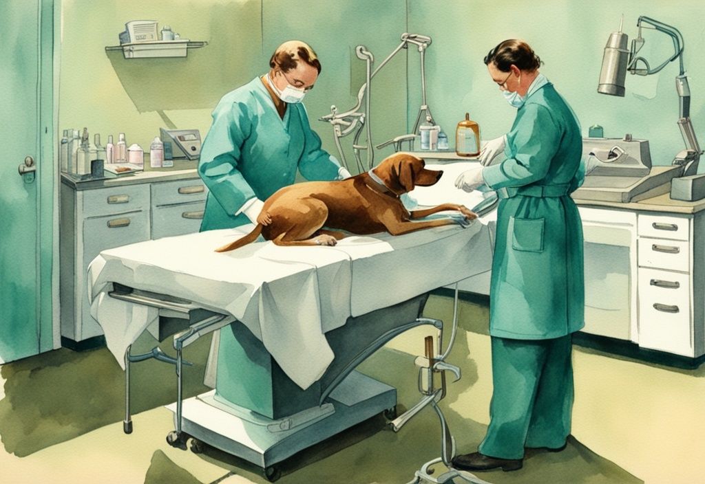 Vintage watercolor illustration of a dog undergoing Femoral Head Ostectomy (FHO) at a vet clinic, featuring a teal color theme.