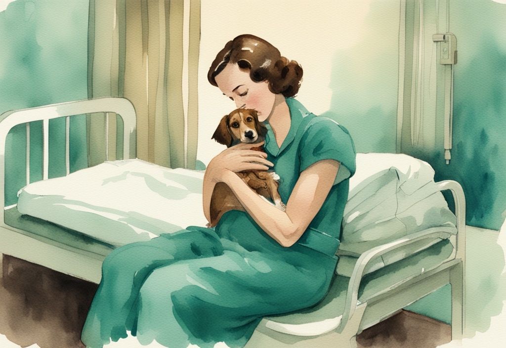 Vintage watercolor illustration of a worried pet owner cradling a shivering small dog in a post-surgery recovery room, teal color theme.