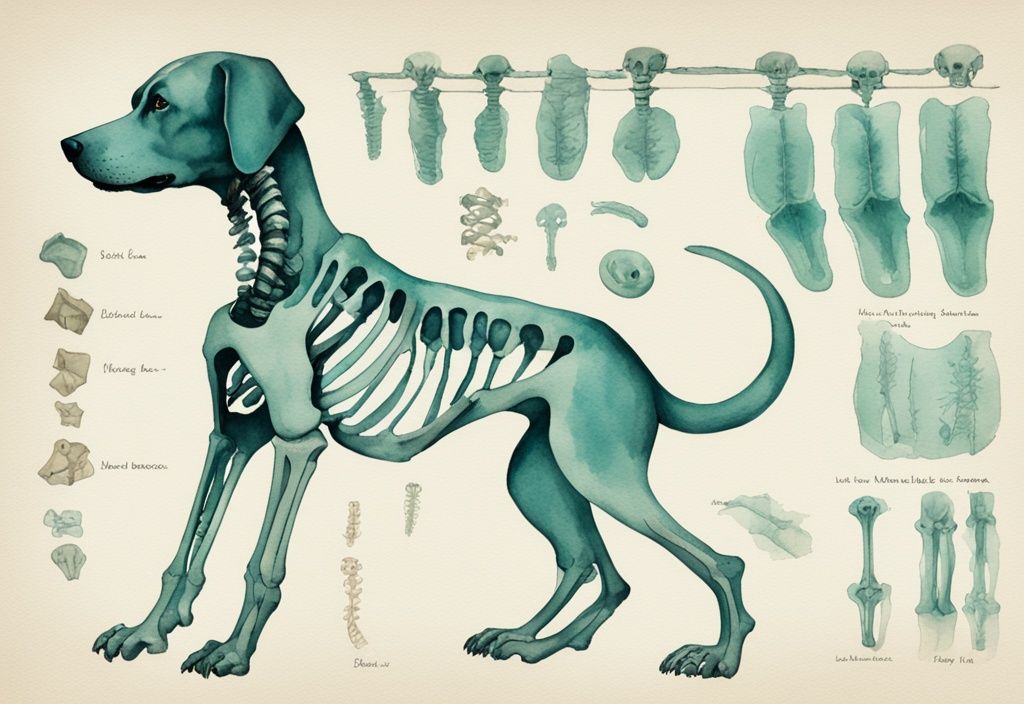 Vintage watercolor illustration of a dog's skeleton in teal, highlighting the number of bones in each section, answering the question: how many bones does a dog have.