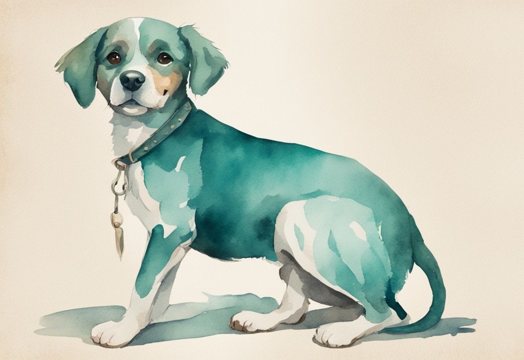 Vintage watercolor illustration of a happy dog with short spine syndrome in teal tones.