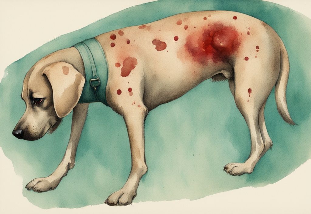 Vintage watercolor illustration of dog's skin with teal theme, highlighting ringworm-affected areas with circular red lesions.