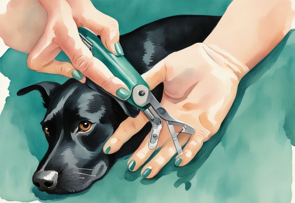 Vintage watercolor illustration of hands trimming black dog's nails with teal theme