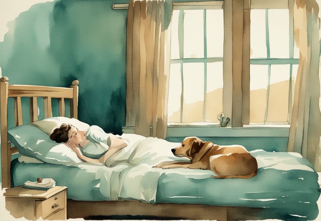 Vintage watercolor illustration of a teal-themed scene with a concerned dog owner watching their sleeping, subtly howling or whimpering dog.