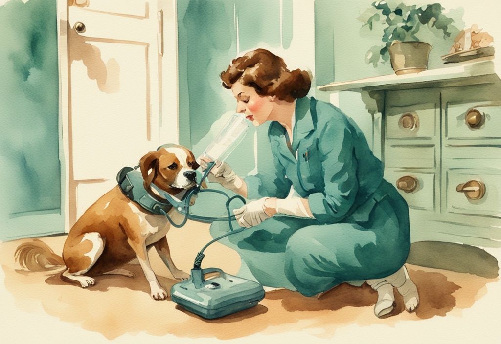 Vintage watercolor illustration of a concerned dog owner administering oxygen to their pet using a teal-themed oxygen mask.