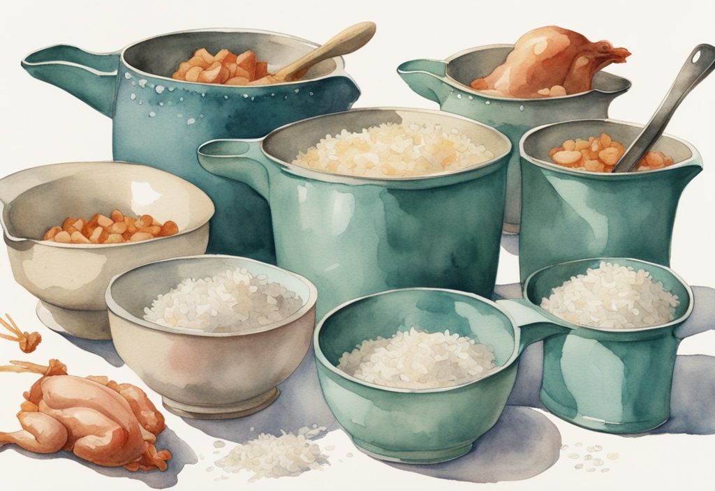 Vintage watercolor illustration showing how much chicken and rice for dog by weight, featuring teal-themed measuring cups with different weights of chicken and rice alongside various sized dogs for portion sizing.