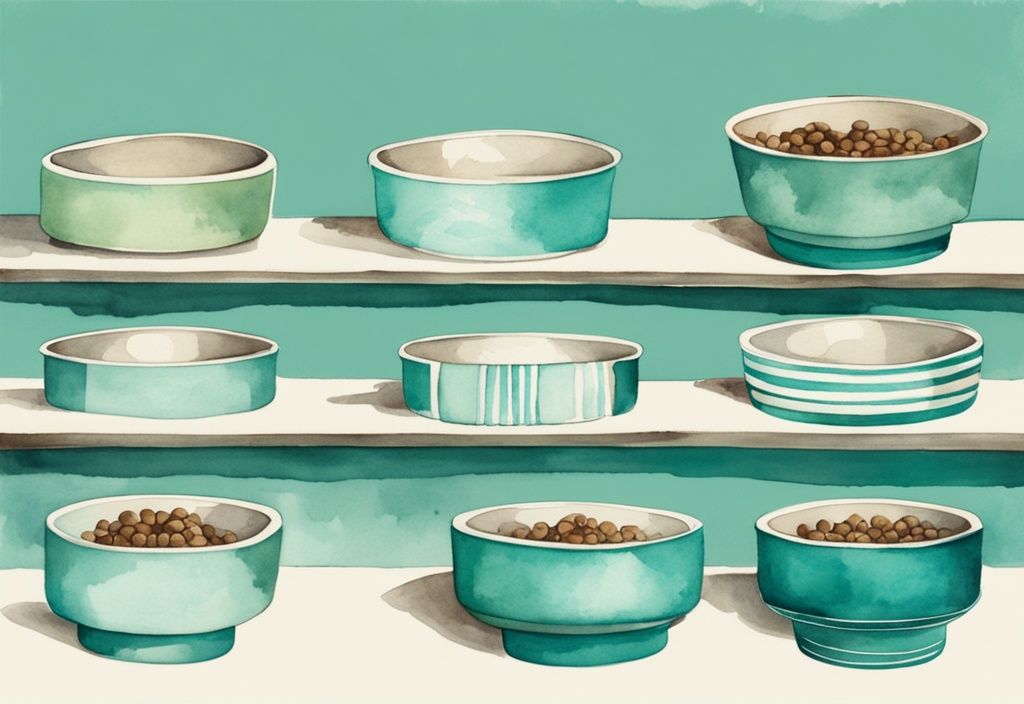 Vintage watercolor illustration of 10 stylish teal raised dog bowls arranged for comparison.