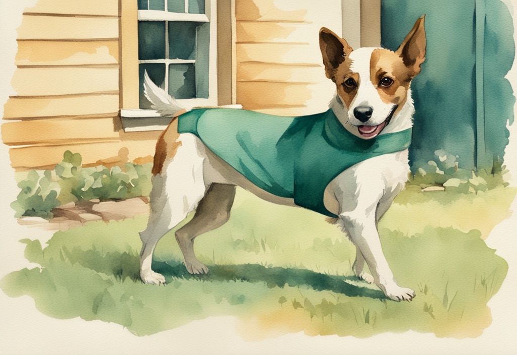 Vintage watercolor illustration of a joyful dog with a bandaged leg playing outdoors after a parvo shot, featuring a teal color theme.