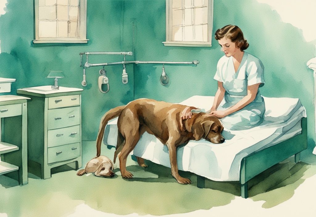 Vintage watercolor illustration of a concerned pet owner comforting a trembling dog in a post-surgery recovery room, addressing the question: why is my dog shaking after surgery.