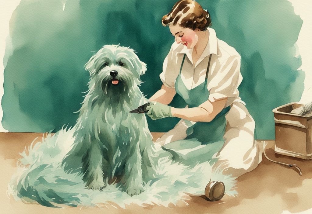 Vintage watercolor illustration of a dog owner using a deshedding tool on a fluffy dog, surrounded by loose fur, with a teal color theme.