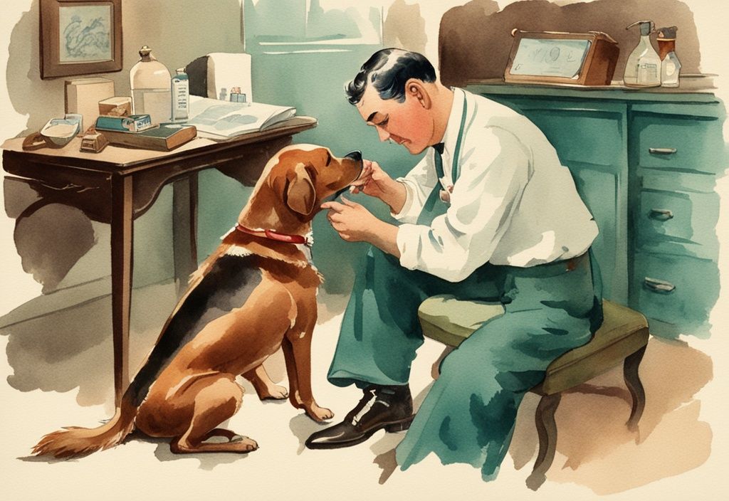 Vintage watercolor illustration: concerned pet owner treating dog's swollen ear with warm compress, following guidebook on how to treat dog ear hematoma at home, main color theme teal.