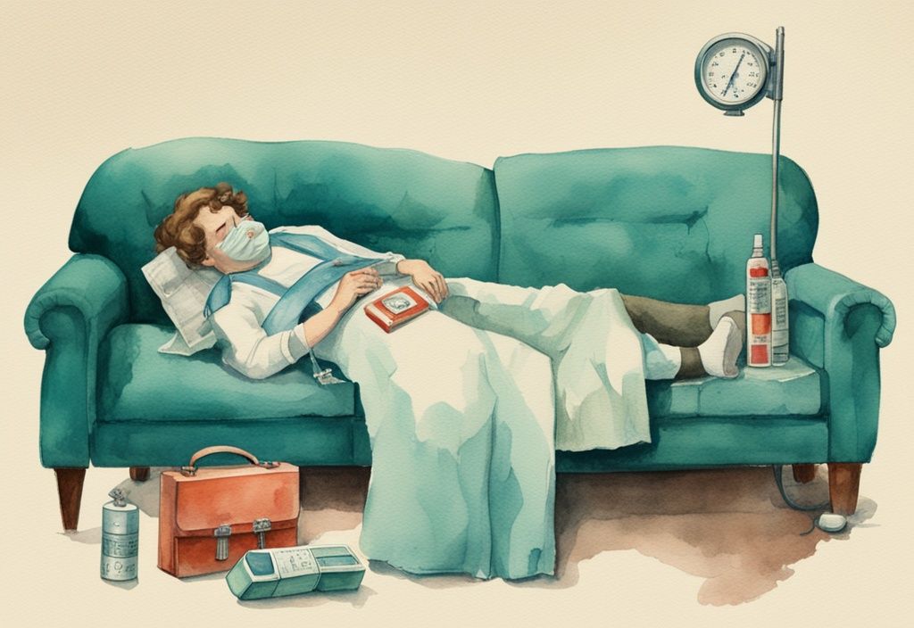 Vintage watercolor illustration of a lethargic person on a couch with thermometer, open medical aid kit, bandages, and smelly socks, in teal color theme.