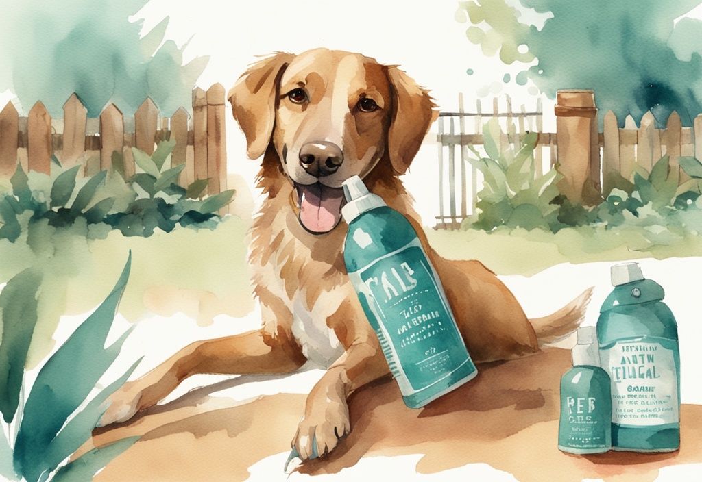 Vintage watercolor illustration of a playful dog in a backyard with a teal color theme, featuring a bottle of natural homemade dog anti-itch spray prominently in the foreground.