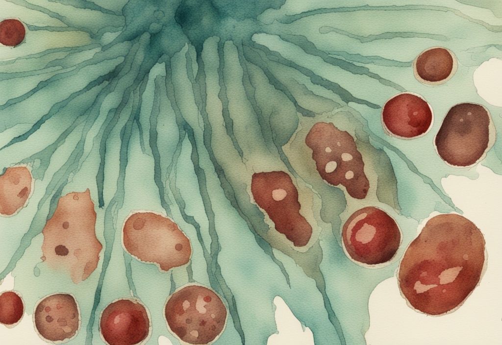 Vintage watercolor illustration of a dog's skin with ringworm, featuring teal color theme and highlighting red, circular, patchy lesions.