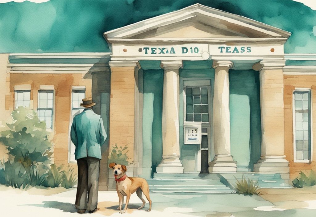 Vintage watercolor illustration of a teal-themed stray dog outside a Texas courthouse with a countdown clock for legal ownership transfer.