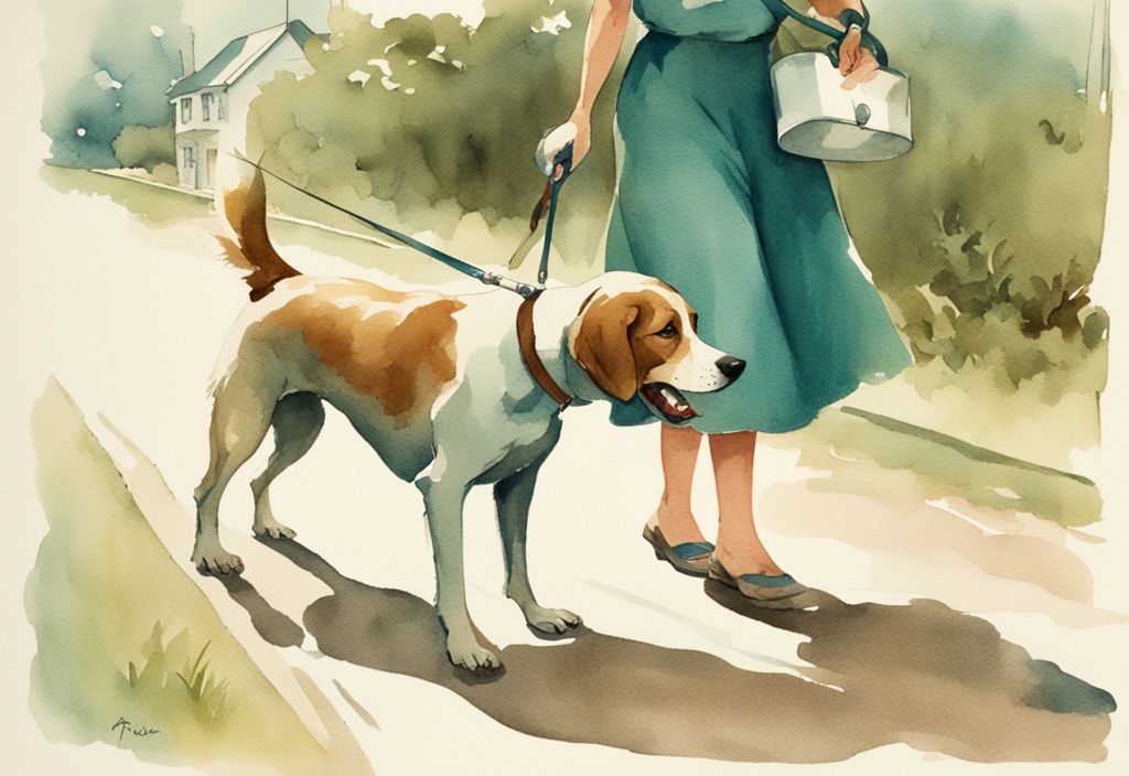 Vintage watercolor illustration of a dog owner encouraging pet to defecate on walk, teal color theme, tips for quick relief.