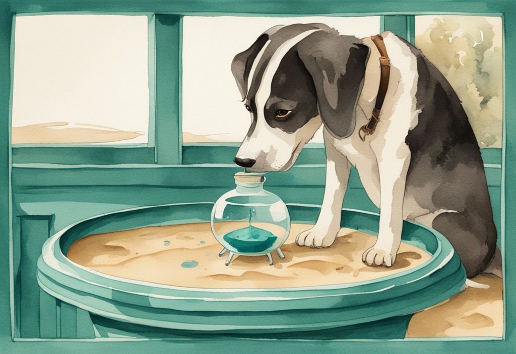 Vintage watercolor illustration of a thirsty dog near an empty water bowl, gazing at a sand hourglass, highlighting the theme "how long can a dog go without water" with a teal color palette.