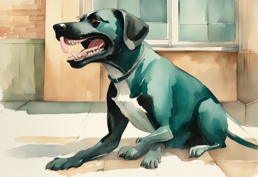 Vintage teal watercolor illustration of a dog with an open mouth, highlighting the black roof, related to the query: what does it mean when a dog has a black roof mouth.