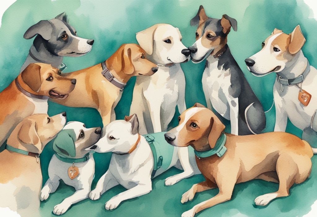 Vintage watercolor illustration of diverse, adoptable dogs with rescue tags, surrounded by caring people of various ages, celebrating National Rescue Dog Day in a joyful, teal-themed scene.