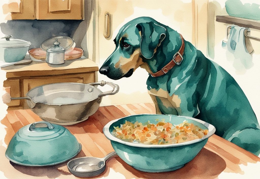 Vintage watercolor illustration of an aging dog in a teal-themed kitchen, disinterested in a bowl of food.