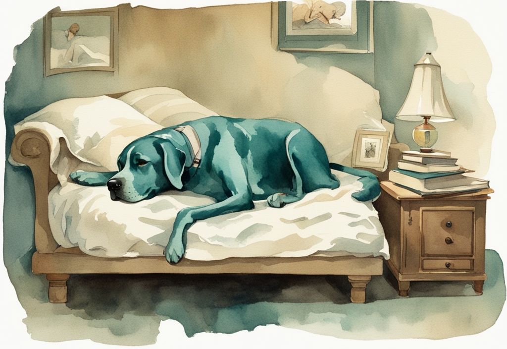 Vintage watercolor illustration of a worried dog owner observing a sleeping dog with hints of howling, in a teal color theme.