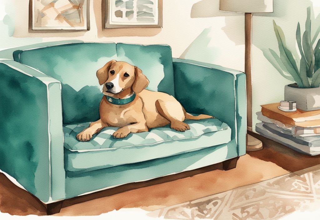 Vintage watercolor illustration of a cheerful dog on a dog bed in a modern apartment, showcasing how to have a dog in an apartment with a teal color theme.