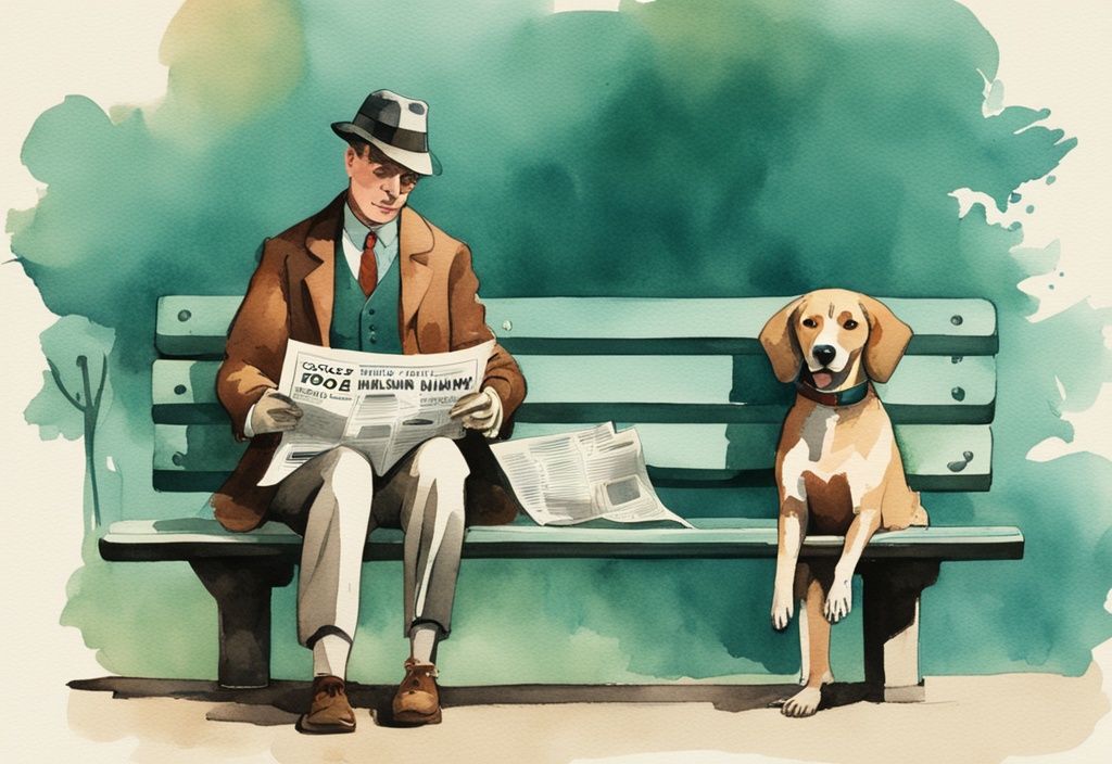 Vintage watercolor illustration of a teal-themed scene featuring a dog and a human on a park bench, both reading newspapers with the headline 'Dog is Human Review'.