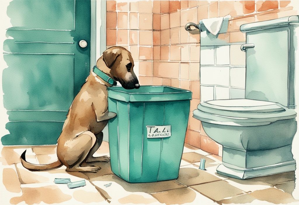 Vintage watercolor illustration of a curious dog sniffing an open bathroom trash bin with a discarded tampon, teal color theme.