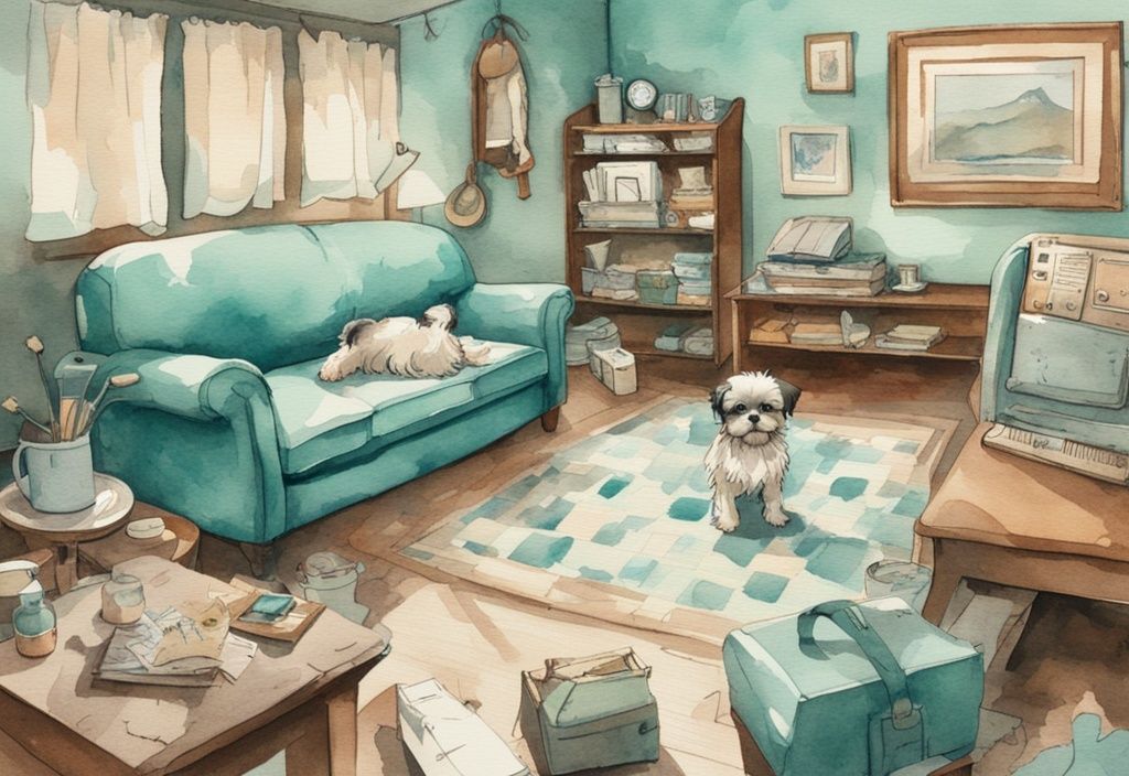 Vintage watercolor illustration of a messy living room with a mischievous Shih Tzu puppy, teal color theme.