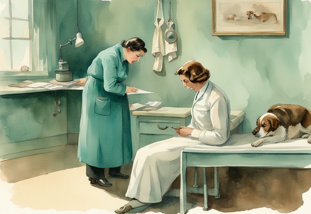 Vintage watercolor illustration of a teal-themed scene depicting a compassionate veterinarian consulting with a saddened dog owner about a sick dog on the examination table.