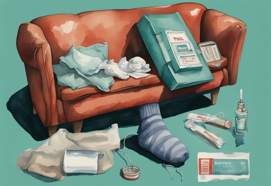 Vintage watercolor illustration of a teal-themed person lethargically lying on a couch with a thermometer, next to an open medical aid kit with bandages, signifying pain and swelling, and socks emitting odor lines.