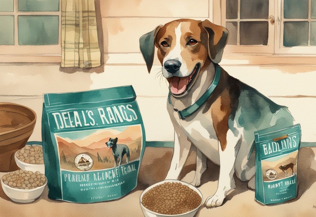 Vintage watercolor illustration of a happy dog eating Badlands Ranch dog food with teal color theme