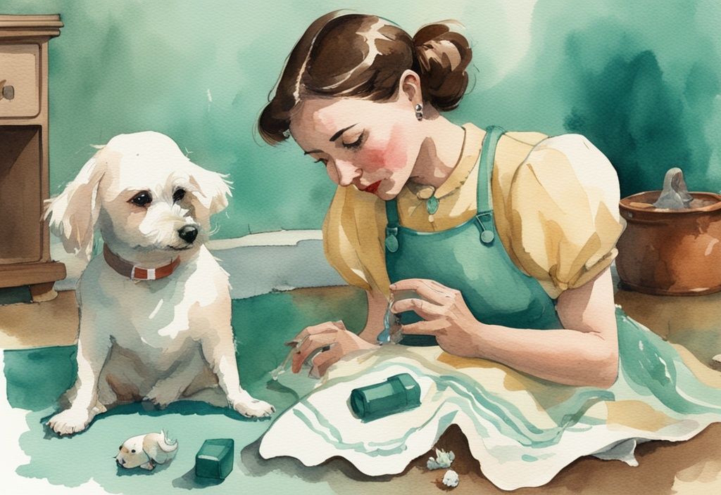 Vintage watercolor illustration of a teal-themed scene with a worried owner watching her small dog sneeze, surrounded by tissues and a dog toy.