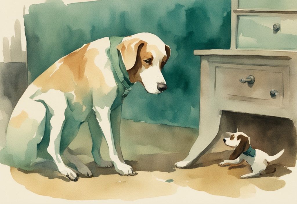 Vintage watercolor illustration of a teal-themed dog showing erratic behavior, shaking, twitching, avoiding eye contact, with a concerned owner watching.