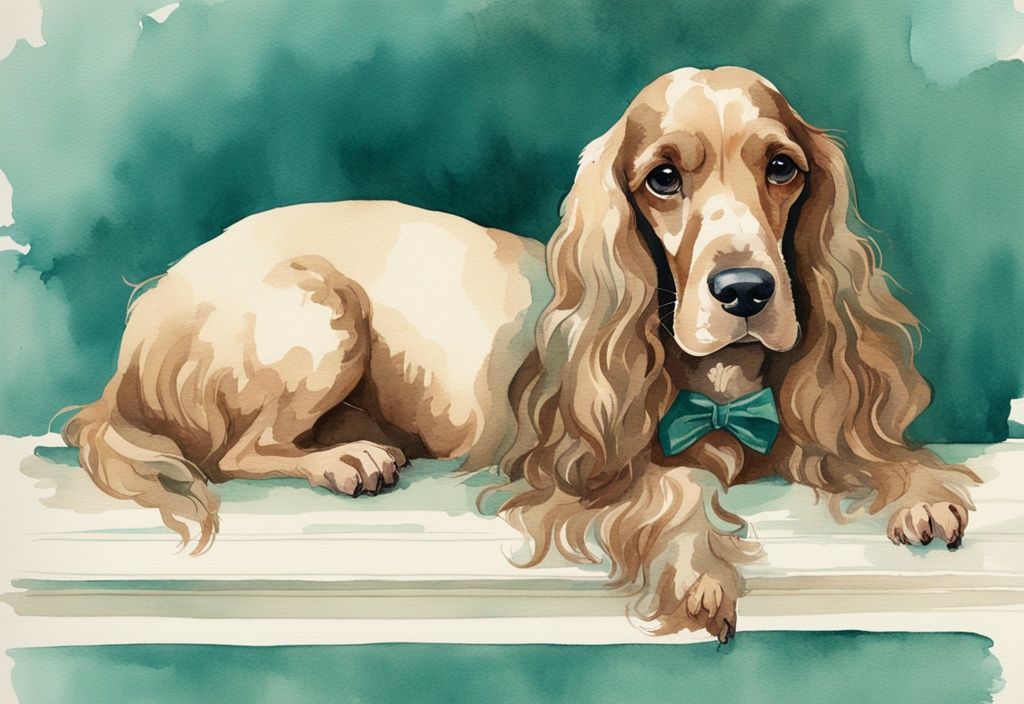 Vintage watercolor illustration of Lady, a refined Cocker Spaniel from Lady and the Tramp, with a teal color theme.